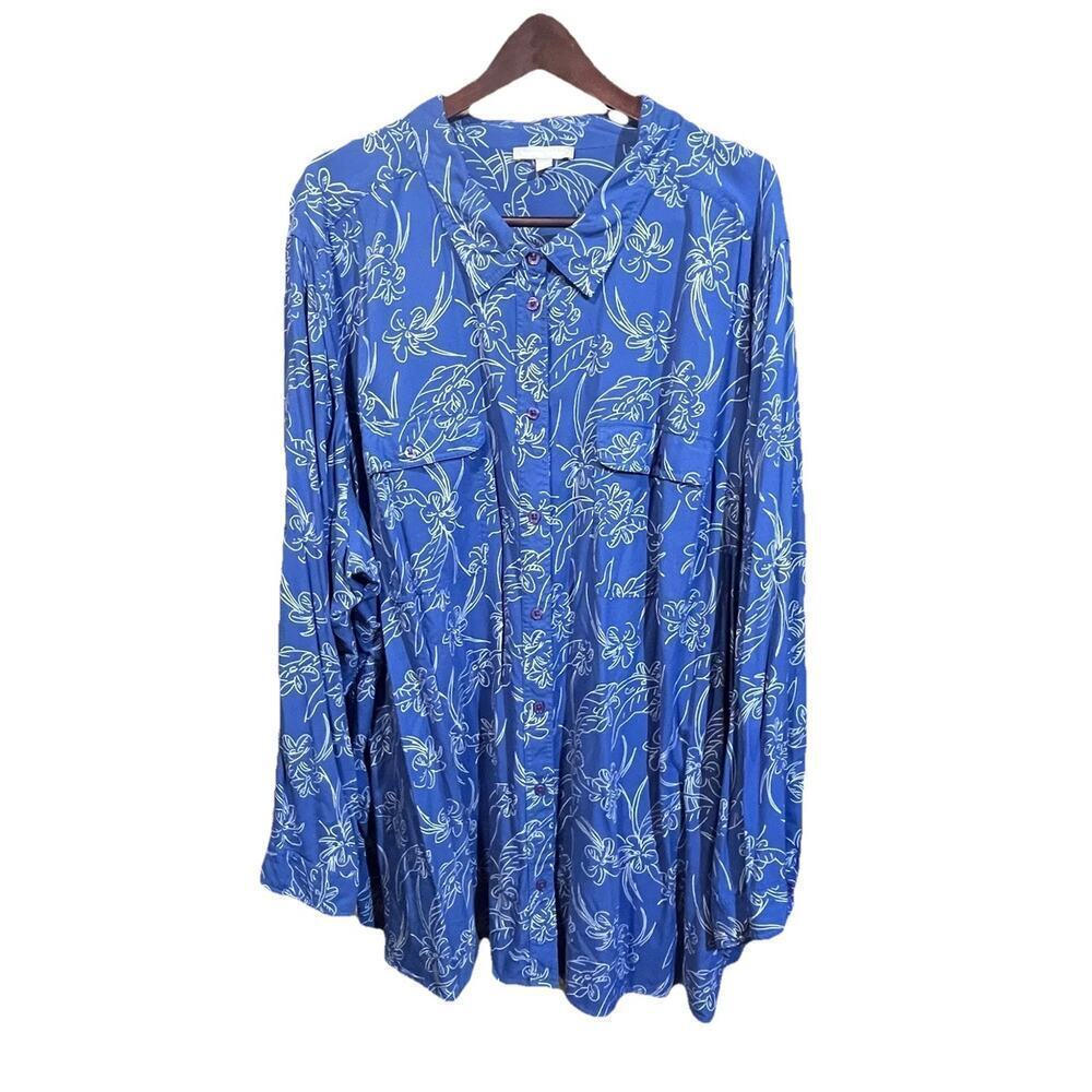 Woman Within Floral Button Down Blouse Top Size 5X Blue Lightweight Flowy Office